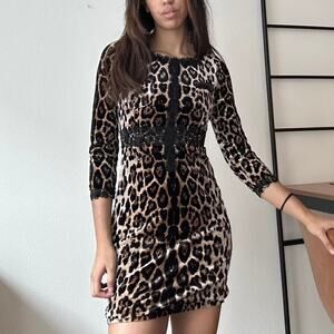 Leopard Print Dress‎ Velvet Bodycon Lace Trim Party Cocktail Mini Size M